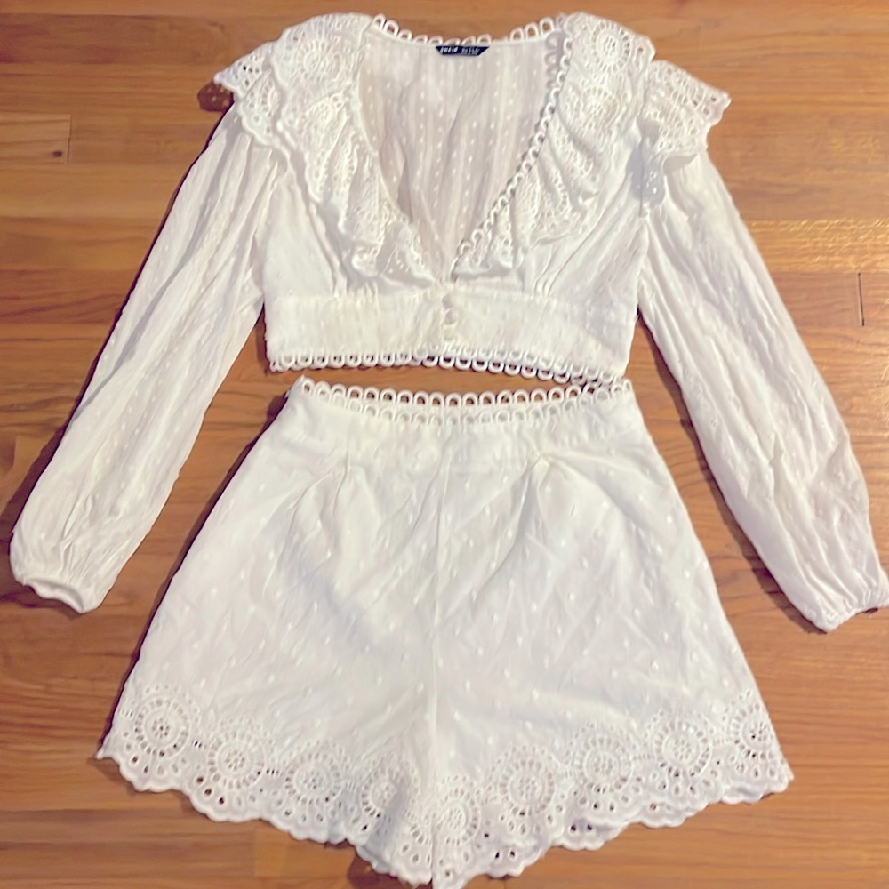 2 piece white polka dot lacy outfit